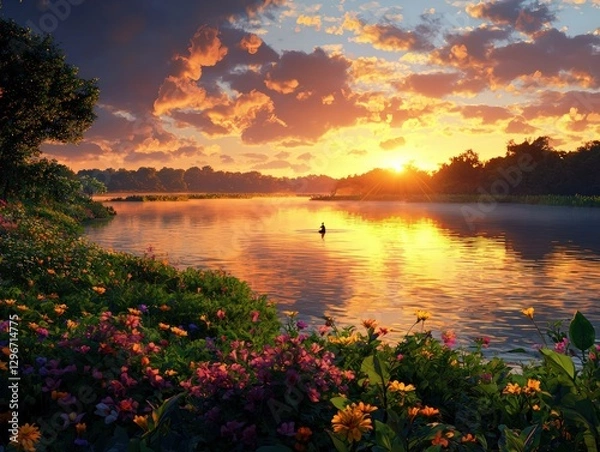 Fototapeta Vibrant Sunset Over Calm Lake Surrounded by Colorful Wildflowers and Lush Forest