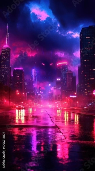 Fototapeta Vibrant Urban Nightscape with Neon Lights and Dramatic Skyscrapers After Rain