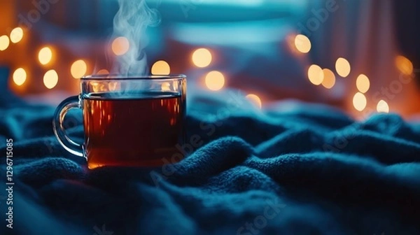 Fototapeta Warm Cup of Tea Steaming on a Cozy Blanket Surrounded by Soft Bokeh Lights