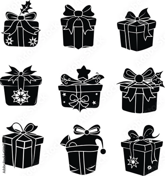 Fototapeta  A vector silhouette and Christmas gift box icon design set