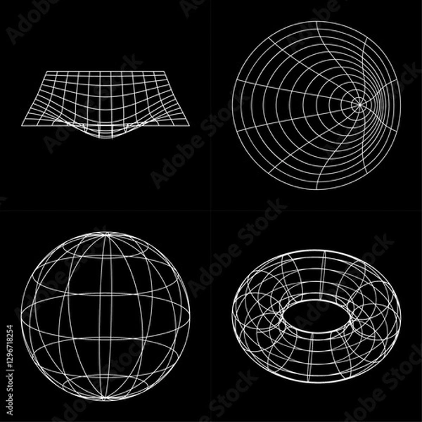 Fototapeta Ensemble de formes effet 3D, creux, sphère, donut et tunnel, vecteur, dimensions