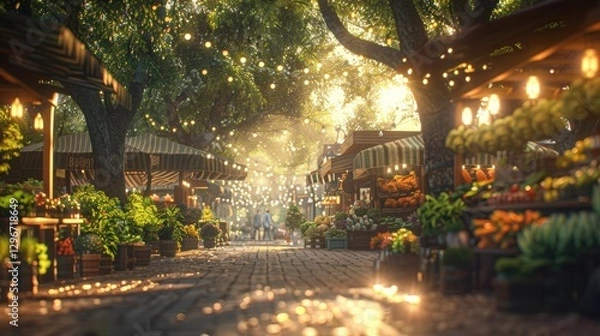 Fototapeta Charming Marketplace Scene with String Lights and Fresh Produce