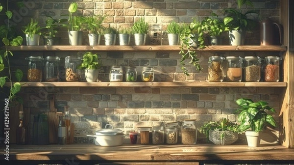 Fototapeta Rustic Kitchen Shelves Filled with Fresh Herbs and Spices