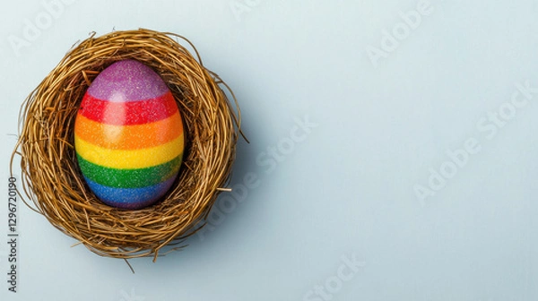 Fototapeta A colorful rainbow egg rests in a straw nest against a light blue background, symbolizing celebration and creativity.