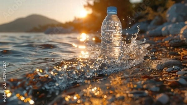 Fototapeta Plastic Water Bottle on Shore with Waves at Sunset in Nature