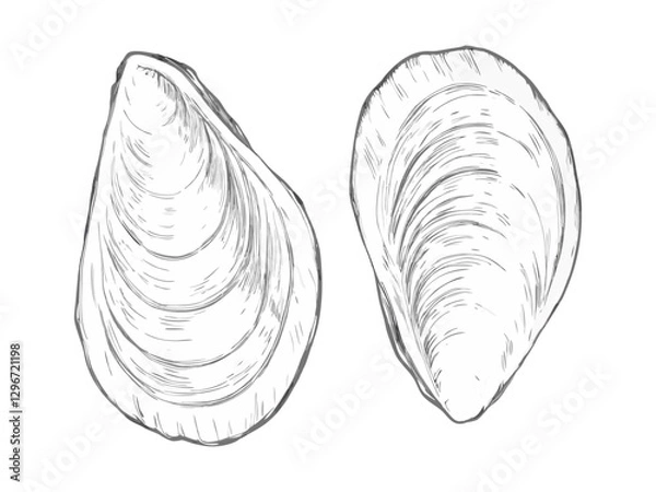 Fototapeta Hand-drawn sketch illustration of a mussels in vintage etching style. Detailed line art with textured shading, perfect for menus, packaging, and sea food designs