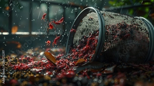 Fototapeta Red Ants Swarm Around Spilled Food in Rainy Forest Environment