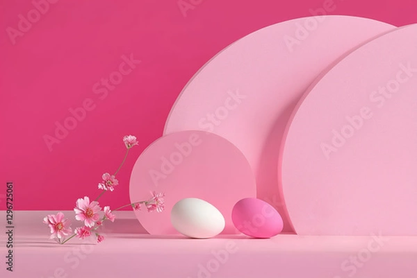 Fototapeta Easter pink background with podium, bunny and spring flowers.
