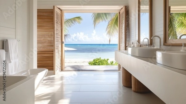 Fototapeta A serene bathroom with a floating vanity, white walls,