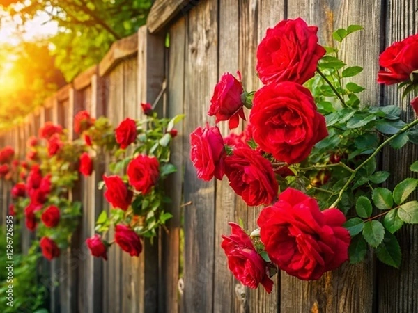 Fototapeta Panoramic View of Climbing Red Roses on Rustic Old Fence