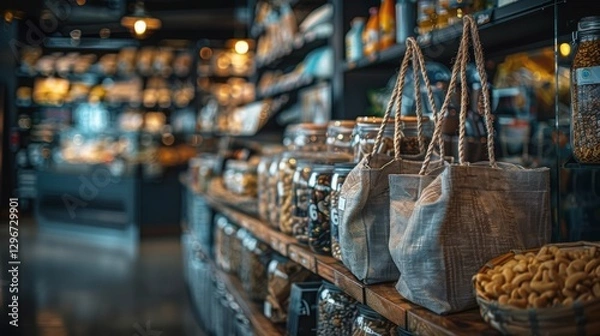 Fototapeta Rustic Grocery Store Aisle with Natural Products and Shopping Bags