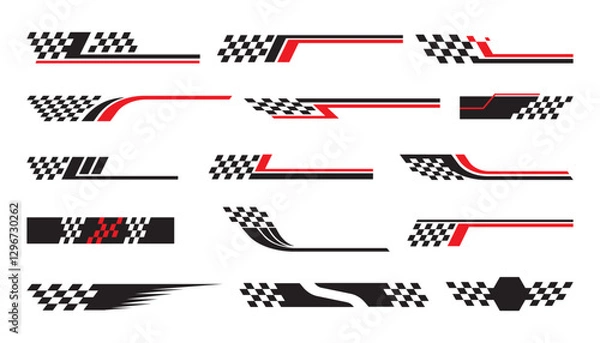 Obraz set checkered flag designs, racing stripe speed, finish line motorsport