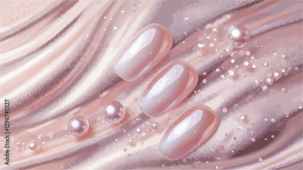 Obraz Close-up shot of three fingers with light pink pearlescent nail polish resting on a swirling, creamy background. The cream has a glossy, smooth texture with small water droplets and pearls