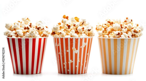 Obraz Three striped popcorn buckets filled with fresh buttery popcorn.