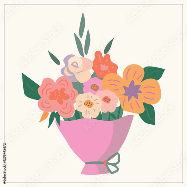 Fototapeta An illustration with bouquets of stylized textured flowers. Dark green, pink, orange, gray, yellow. For the Spring time, Valentine's Day, March 8th, birthday postcards, magazines, websites, invitation