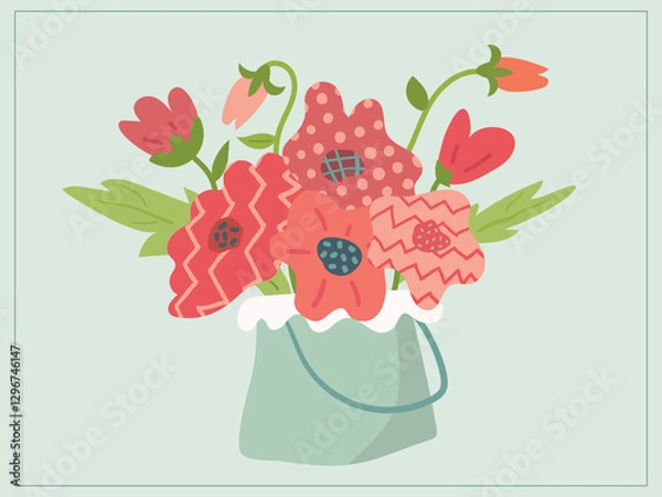 Fototapeta Illustration of a bouquet of textured poppies flowers. Spring, summer. Soft pastel colors. Red, blue, green. Easter. For postcards, magazines, websites