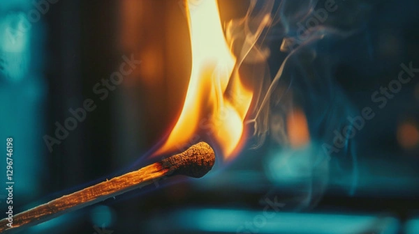 Fototapeta A close up of a matchsticks igniting, with vibrant flames and swirling smoke in a dramatic lighting setting.