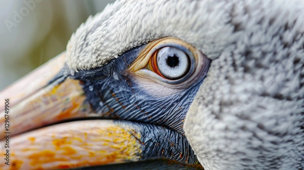 Fototapeta A close up of a pelican's eye and beak, highlighting intricate textures and vibrant details. 