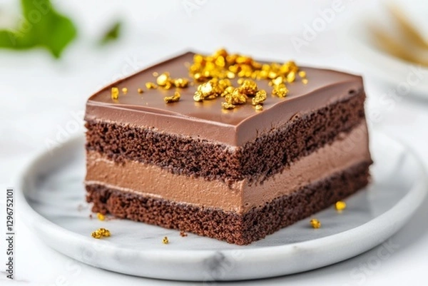 Fototapeta Piece of three chocolate cake with gold sprinkles on top on a marble plate on white table, copy space. Concept Sweet food, food photography, for bakeries and cafes, popular desserts