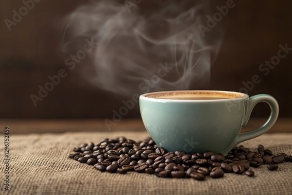 Fototapeta A steaming cup of coffee with coffee beans in the background.