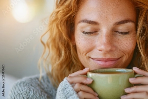 Fototapeta Сalm young curly redhead woman with closed eyes and smile drinking herbal tea with ashwagandha, copy space for text. Concept Medicinal Herb, superfood, Ayurveda, herbal supplement 