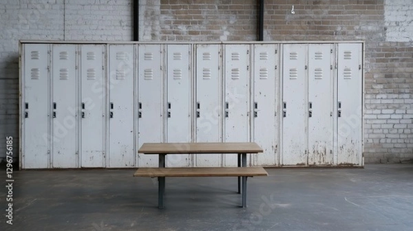 Fototapeta Rustic Industrial Contrast: A minimalist wooden bench and table sit beneath a row of vintage lockers in a raw, industrial space, exuding a sense of utilitarian simplicity and understated design.