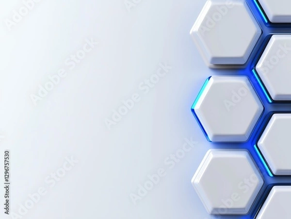 Fototapeta Hexagonal Structure with Blue Backlight Abstract Technological Design and White Geometric Pattern 3D Rendering