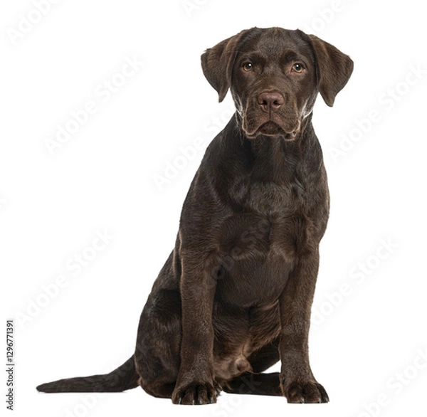 Obraz Chocolate labrador retriever sitting and looking at camera, isolated on transparent background