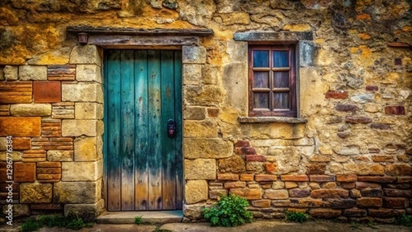 Fototapeta Rustic Charm: Long Exposure of Aged Stone Wall, Window, and Wooden Door