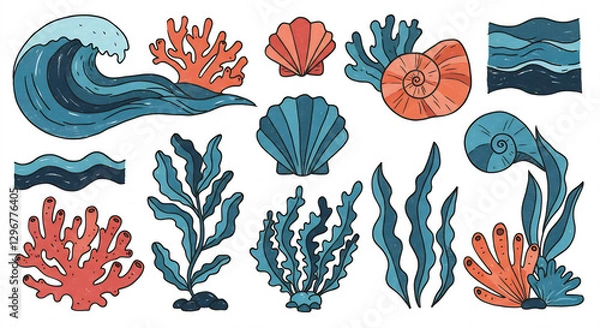 Fototapeta Ocean Wave Coral Shell Seaweed Pixel Art Illustration