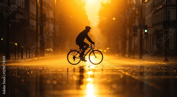 Fototapeta Silhouette of Cyclist Riding Bicycle on Rain Wet City Street at Golden Hour