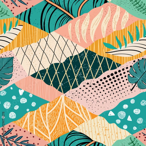 Obraz Colorful abstract pattern featuring tropical leaves and geometric shapes on a vibrant background