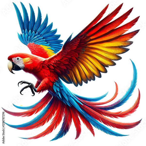 Obraz Scarlet macaw bird flying on white background with clipping path