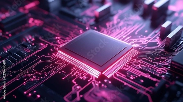 Fototapeta Close-up View of Computer Processor on Circuit Board with Neon Lighting and Digital Technology Background