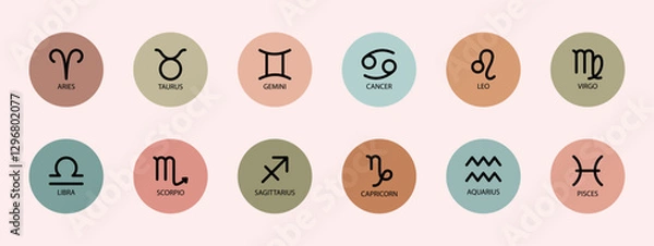 Fototapeta Colorful line zodiac signs: aquarius, libra, leo, taurus, cancer, pisces, virgo, capricorn, sagittarius, aries, gemini, scorpio. Zodiacal vector horoscope