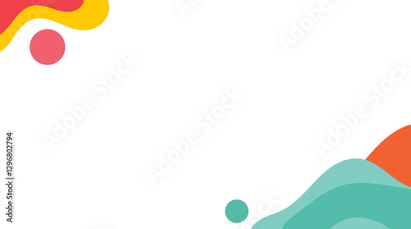 Fototapeta A clean white background has simple shapes in the corners.  Red, yellow, and orange shapes are in the top left. Teal and orange wavy shapes are in the bottom right.  The overall feeling is cheerful.