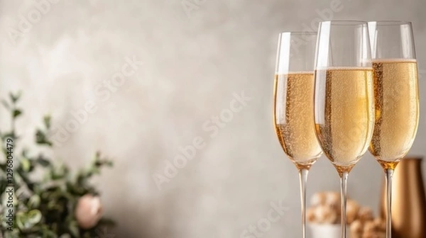Fototapeta Three elegantly arranged champagne flutes filled with sparkling wine, creating a celebratory atmosphere perfect for special occasions and festivities.