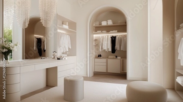 Fototapeta Elegant Closet Interior: A luxurious closet interior, featuring minimalist design, arched doorways, custom cabinetry.