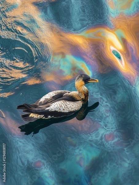 Fototapeta Struggling seabird navigating oil spill reflecting rainbow colors on ocean surface. Generative AI
