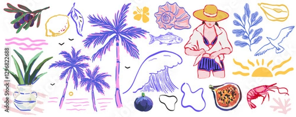 Fototapeta Italian or greek style vacation hand drawn vector illustrations in mixed media collage style with doodle sketch elements. Lemon, palm tree vacation in marker style. Oil drawings for poster, placard.