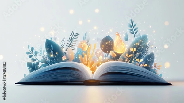 Fototapeta Open children book with magical illustrations, glowing sparkles around it, minimalistic white background