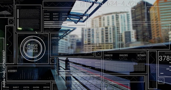 Fototapeta Image of data processing and diagrams ove train station