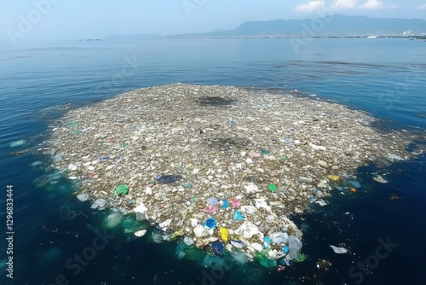 Fototapeta Massive garbage patch in ocean. Plastic waste and debris swirling in the currents, sea pollution concept