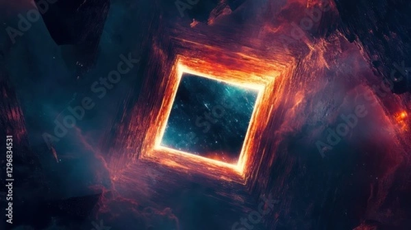 Fototapeta Glowing Square Portal Reveals Abstract Cosmic Nebulous Space Interior