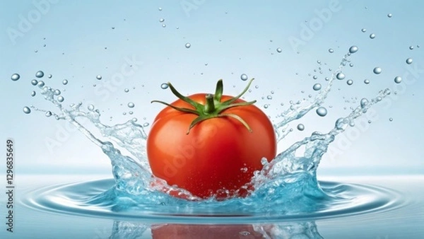 Fototapeta Image of a red tomato falling into water, with spectacular splashes and drops on a blue background. Tomatoes look fresh and juicy