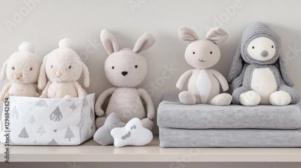 Fototapeta A well-organized nursery shelf filled with baby essentials and soft toys.