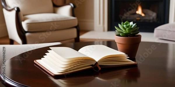 Fototapeta Open Notebook, Succulent Plant, Fireplace Glow: A Peaceful Home Interior Scene.  Warm colors and soft lighting create a tranquil atmosphere.