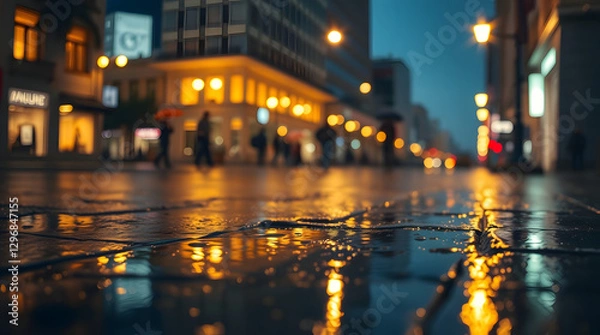 Obraz night view of the city street after the rain, where puddles formed on the streets reflect the soft glow of streetlight