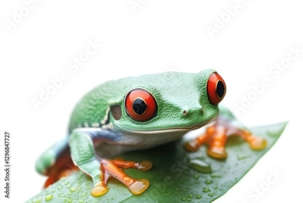 Fototapeta Bright green frog perched on leaf, showcasing striking red eyes