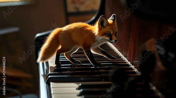 Fototapeta a cute fox gracefully walking across the keys of a grand piano
